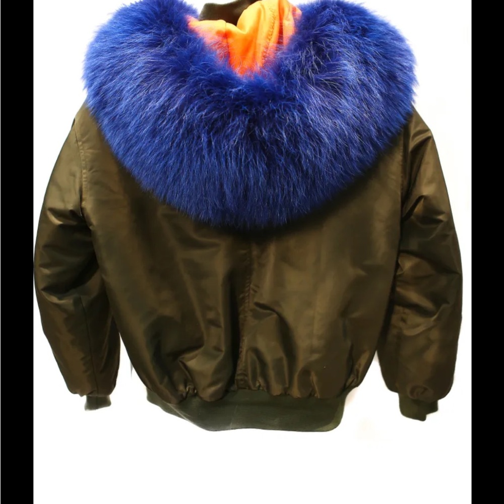 Blue Fur Coat Army Bomber Detachable lining large Diana Rosh.missing a button.